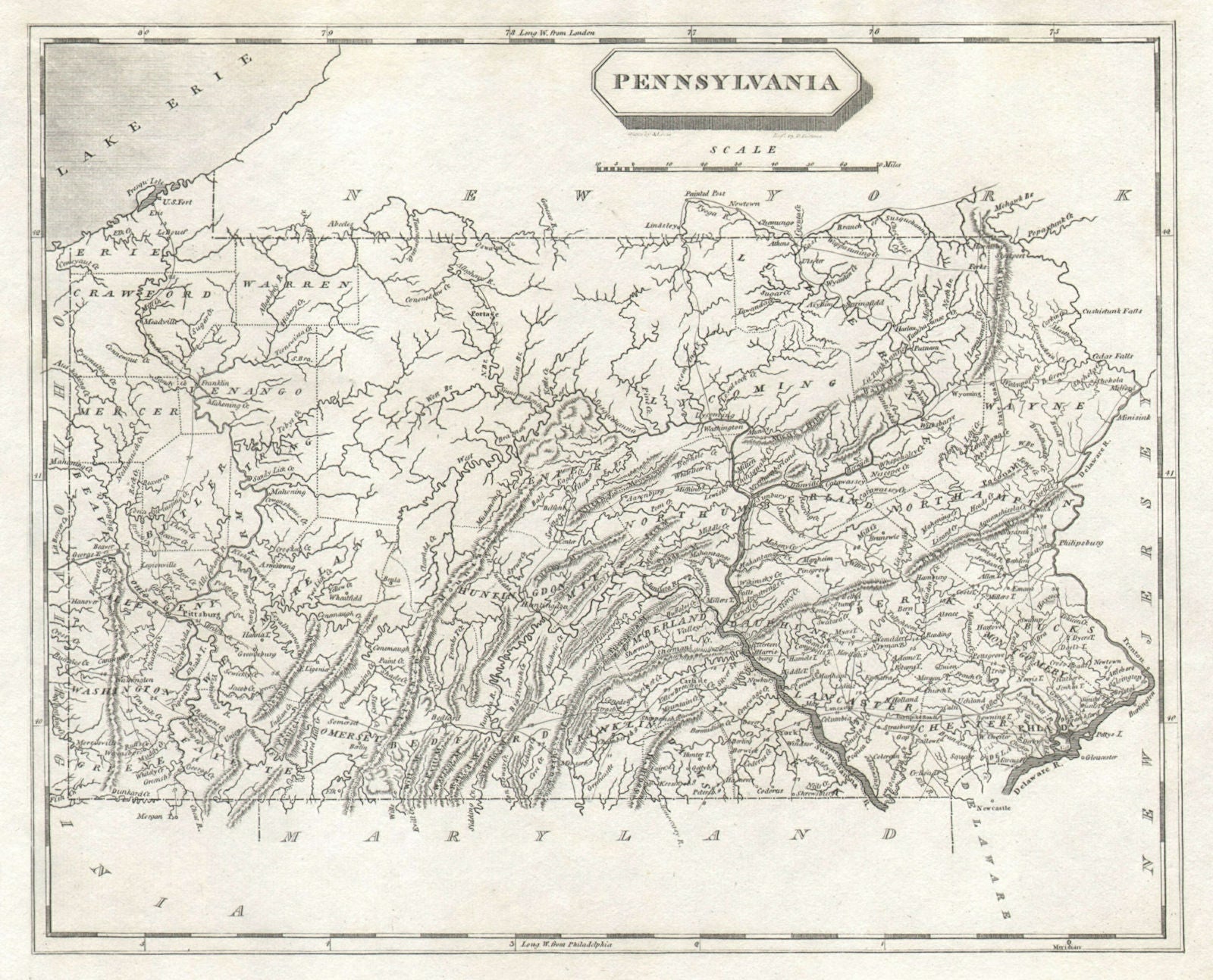 Pennsylvania state map by Arrowsmith & Lewis 1812 old antique plan chart